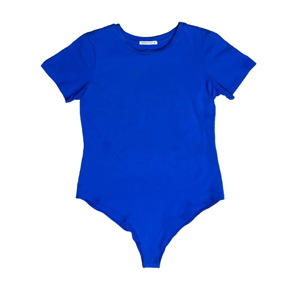 Mangopop Bodysuit Womens M Blue Stretch Short Sleeve Crew Neck Snap Bottom Top